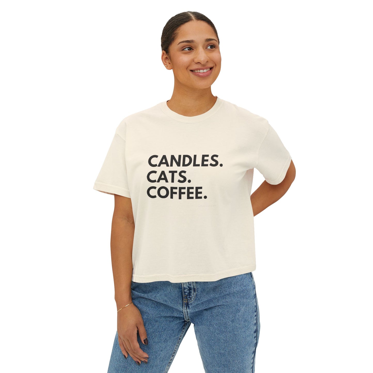 Women's Boxy Tee — "Candles. Cats. Coffee."