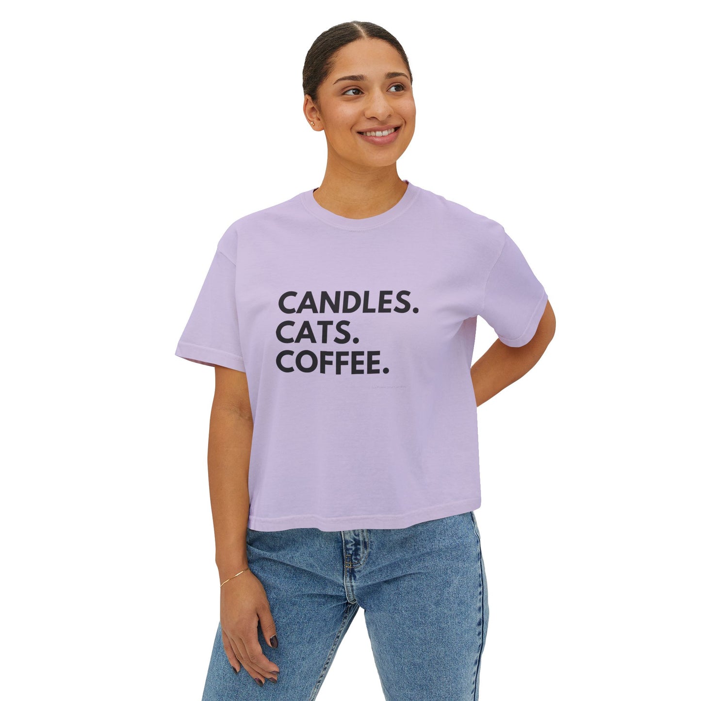 Women's Boxy Tee — "Candles. Cats. Coffee."