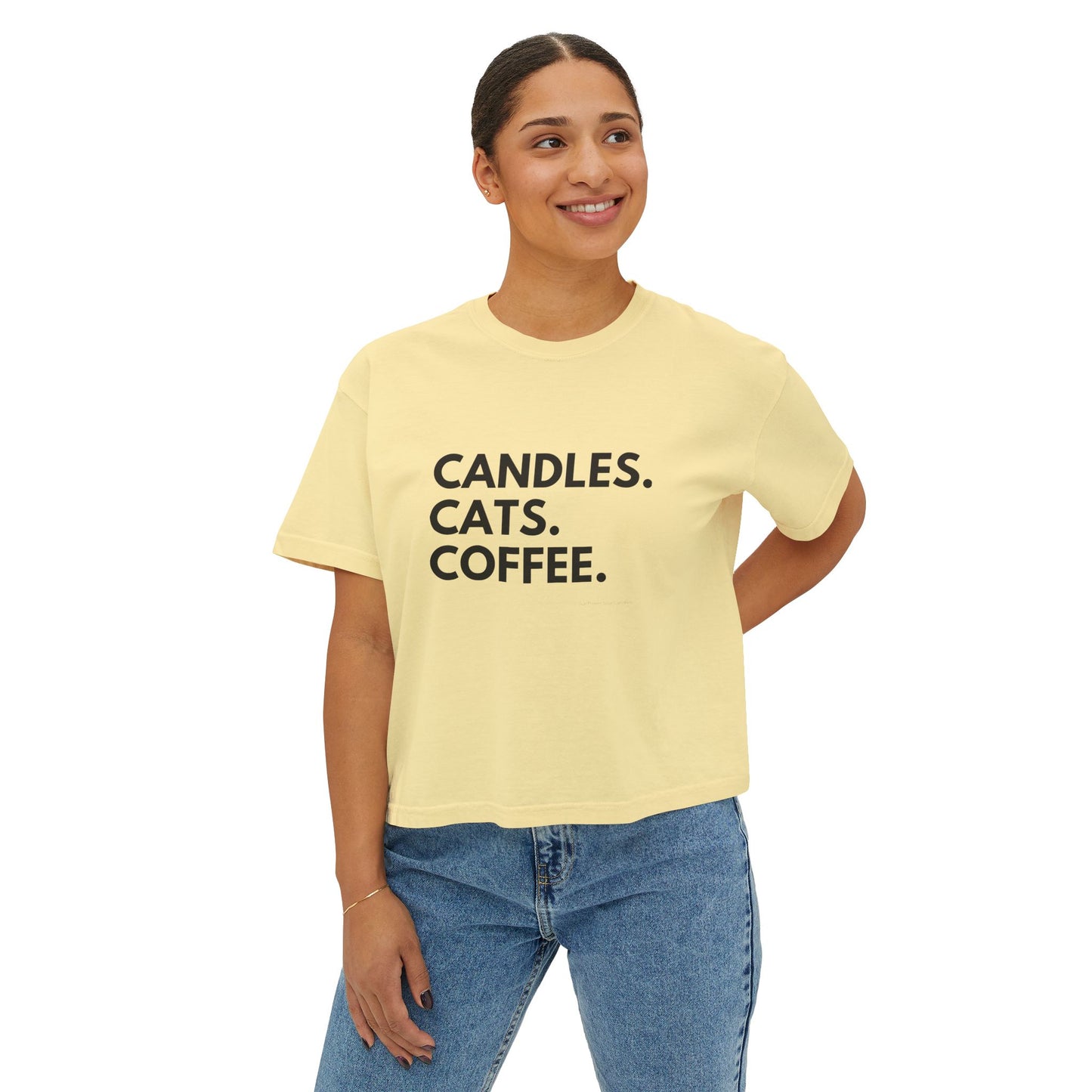 Women's Boxy Tee — "Candles. Cats. Coffee."