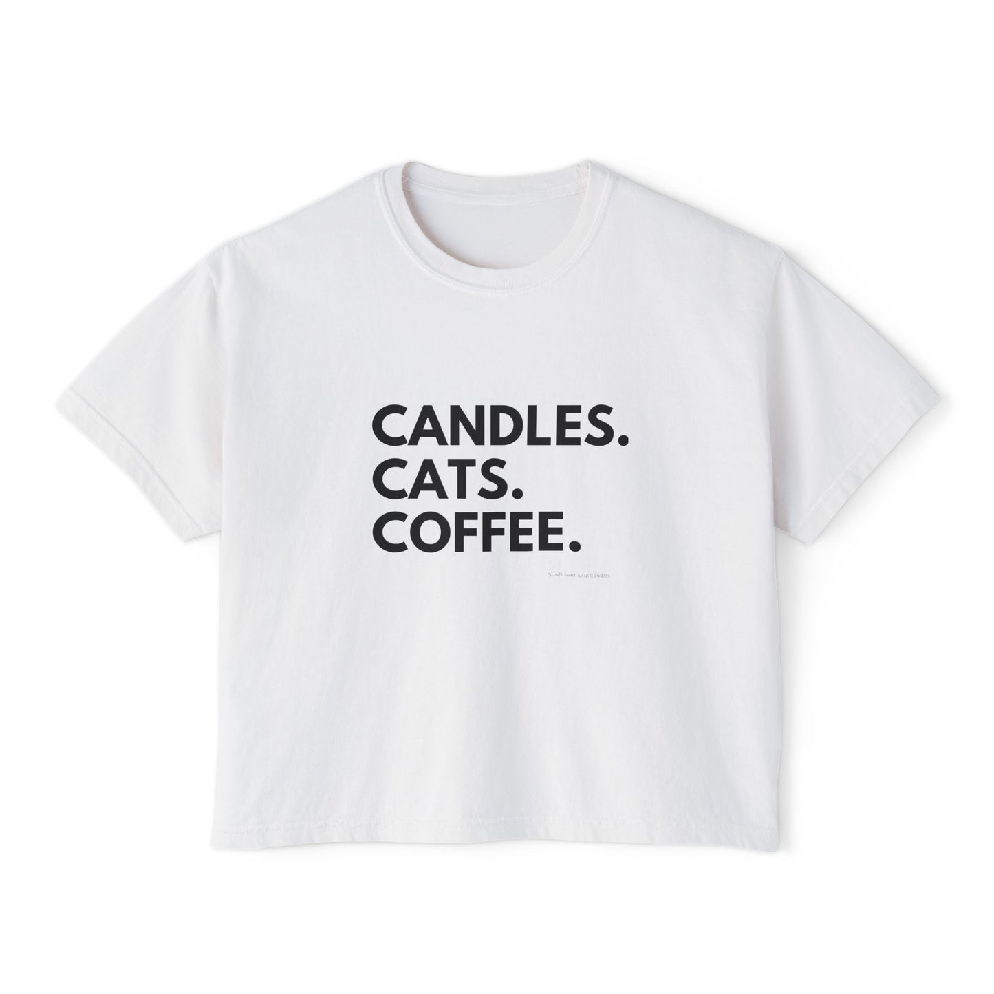 Women's Boxy Tee — "Candles. Cats. Coffee."