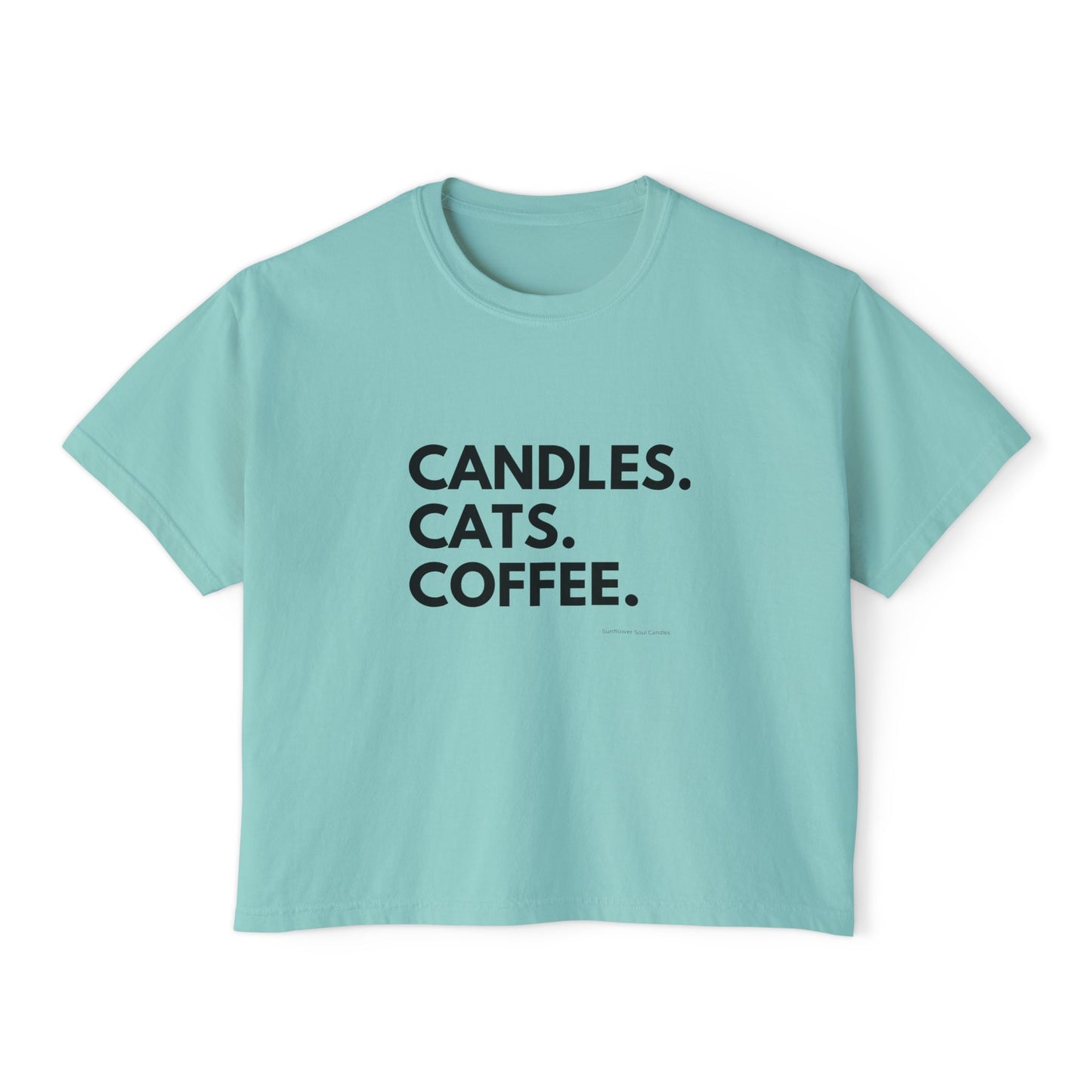 Women's Boxy Tee — "Candles. Cats. Coffee."