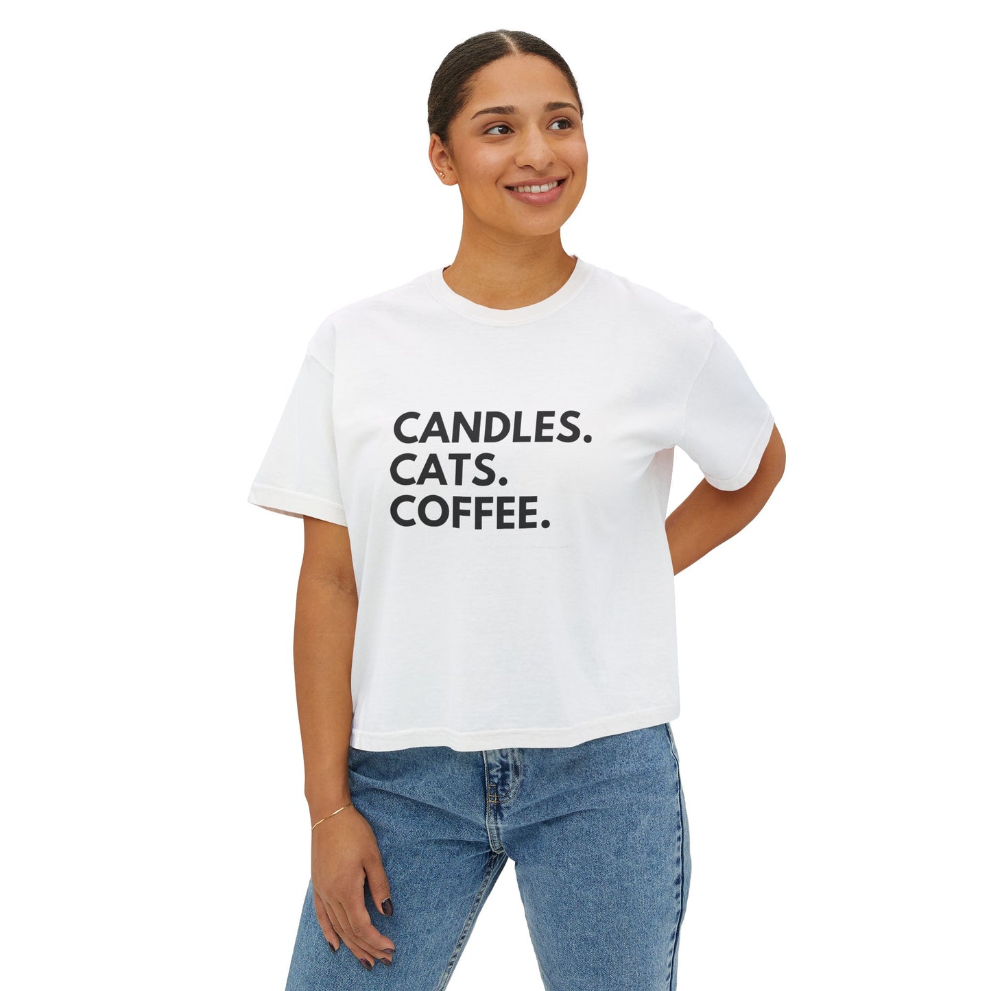 Women's Boxy Tee — "Candles. Cats. Coffee."