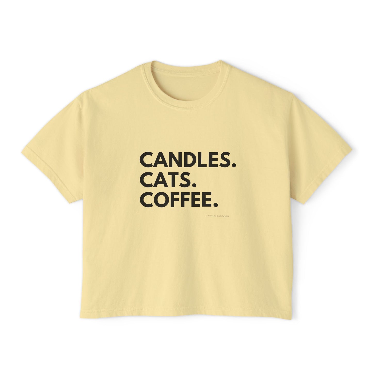Women's Boxy Tee — "Candles. Cats. Coffee."