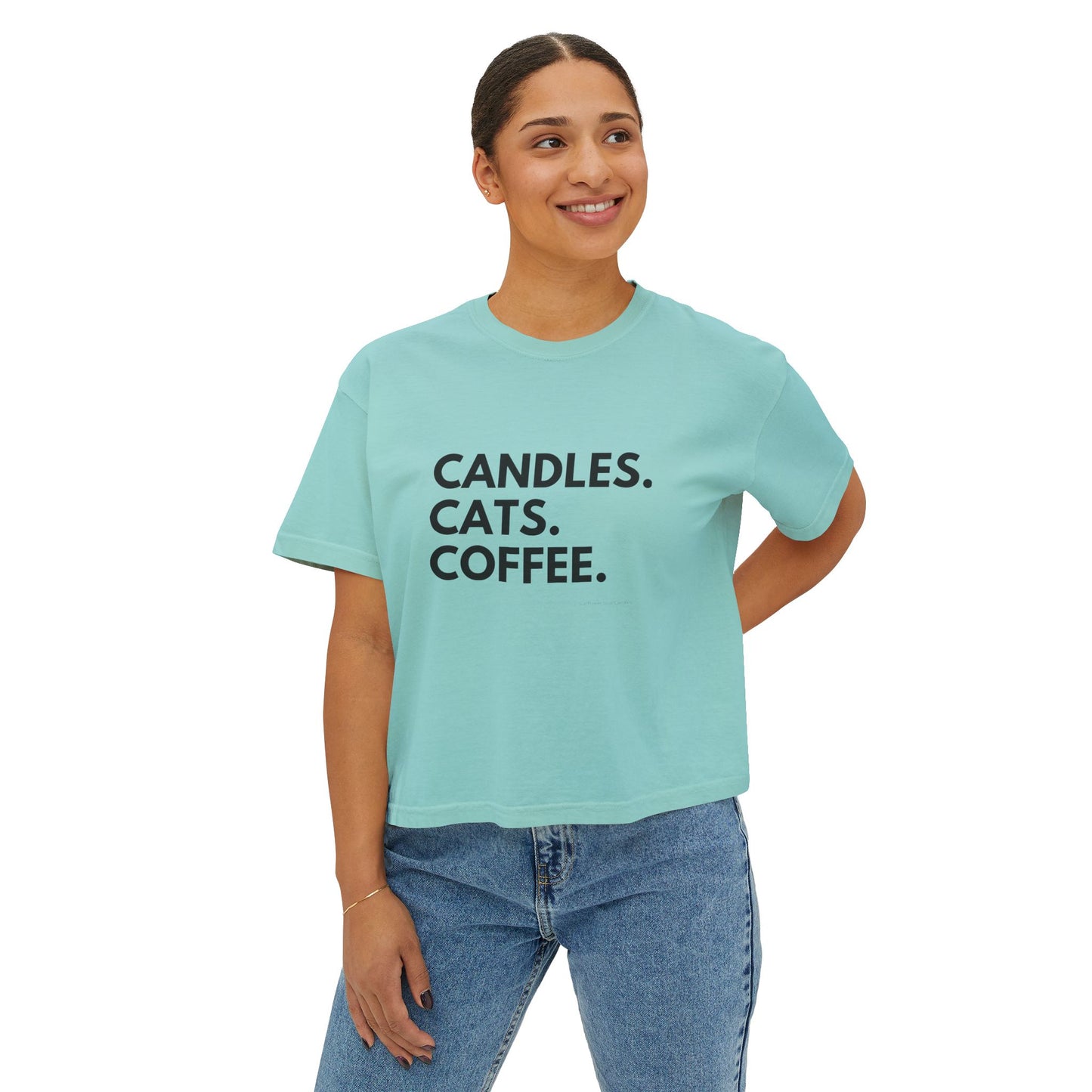 Women's Boxy Tee — "Candles. Cats. Coffee."