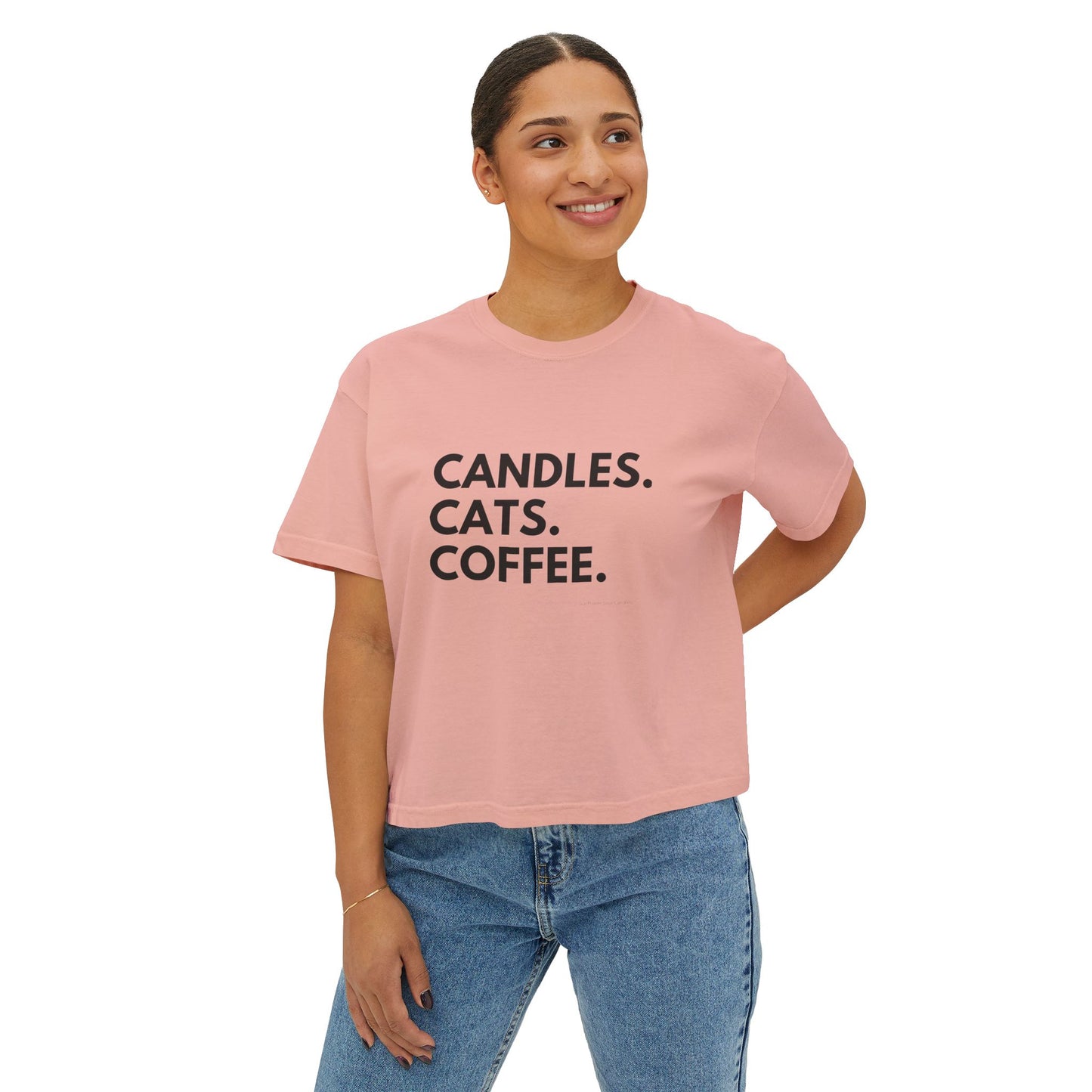 Women's Boxy Tee — "Candles. Cats. Coffee."