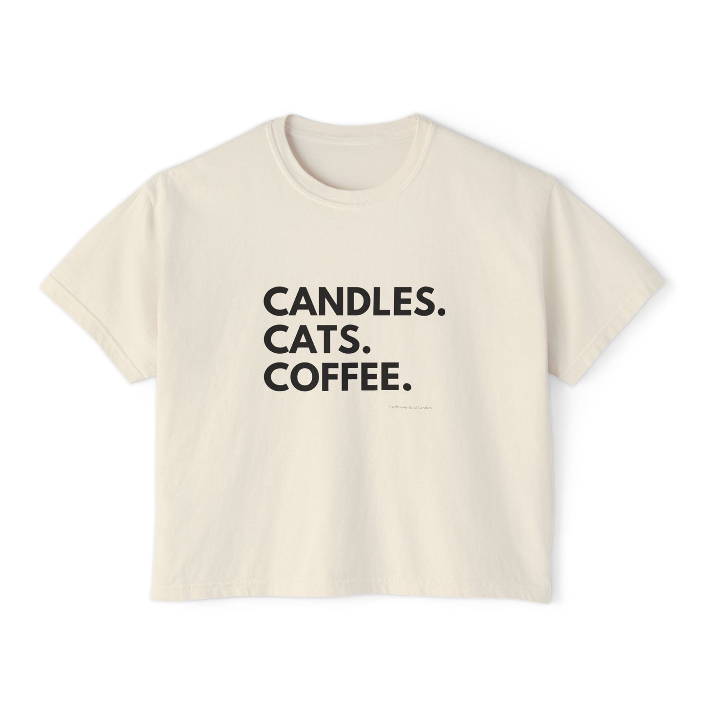 Women's Boxy Tee — "Candles. Cats. Coffee."