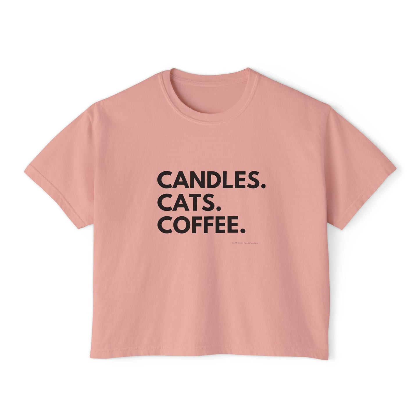 Women's Boxy Tee — "Candles. Cats. Coffee."