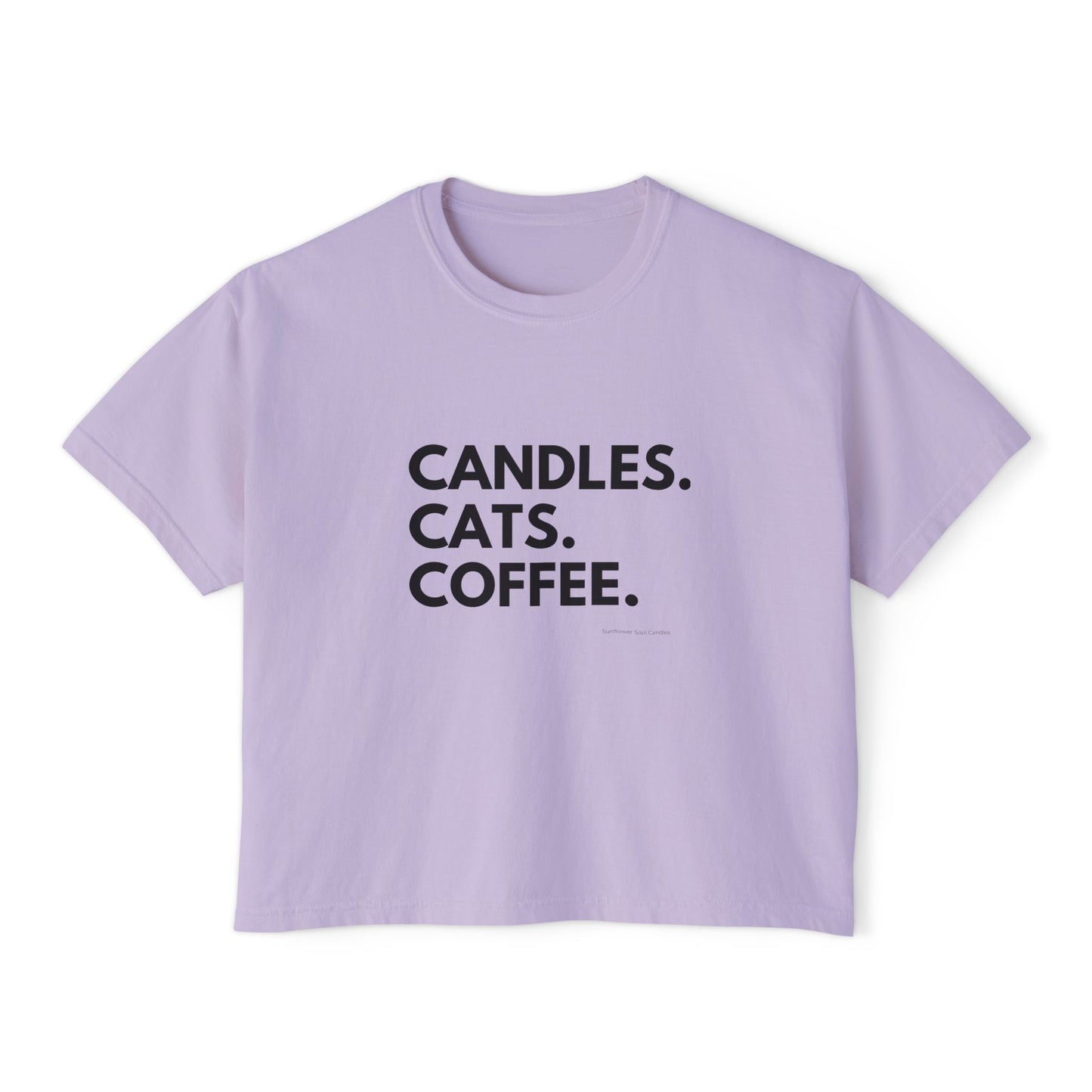 Women's Boxy Tee — "Candles. Cats. Coffee."
